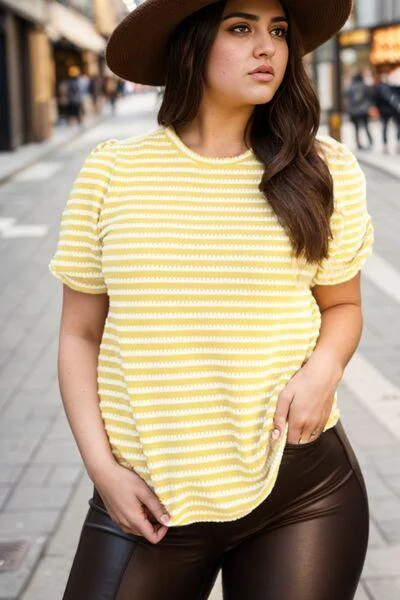 Plus Size Striped T-Shirt Collared Crew Neck Turtle Neck