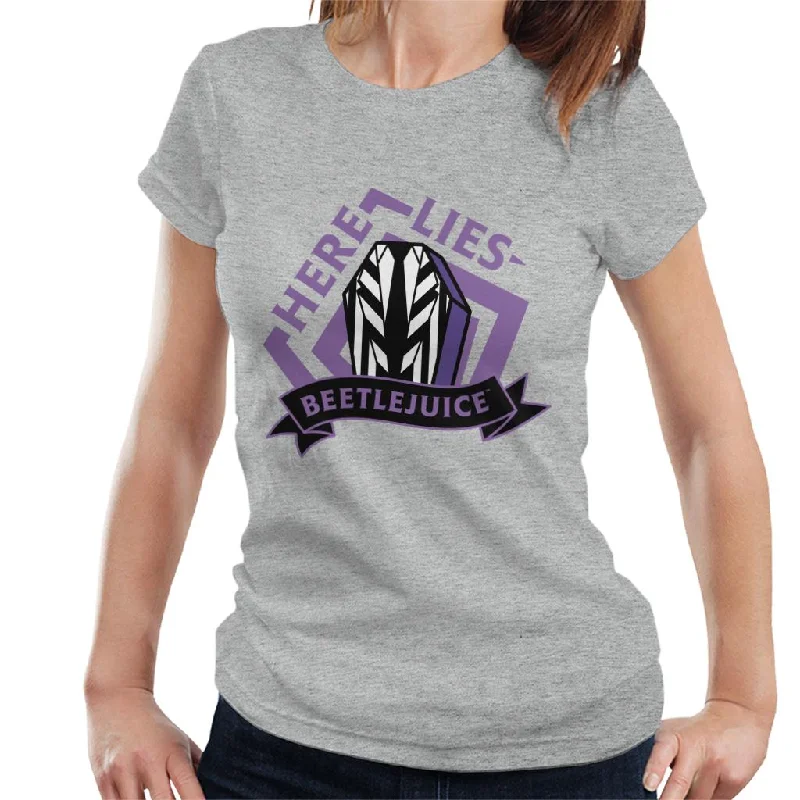 Beetlejuice Here Lies Beetlejuice Women's T-Shirt Front Pockets Side Pockets Patch Pockets Beetlejuice Here Lies Beetlejuice Women's T-Shirt Front Pockets Side Pockets Patch Pockets