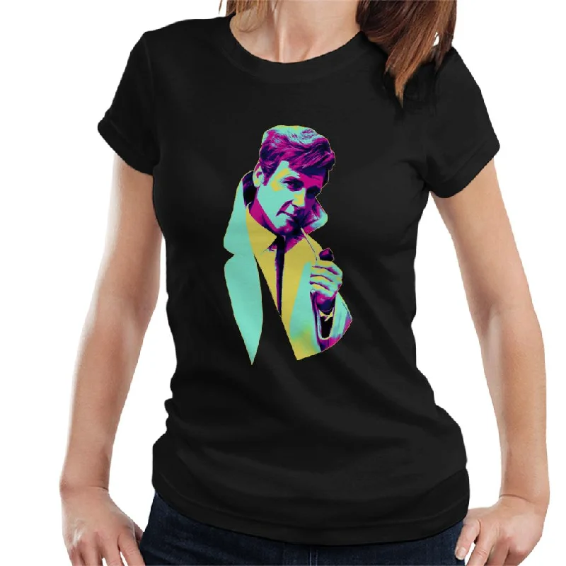 TV Times Roger Moore Park Stroll 1968 Pop Art Stylised Women's T-Shirt Mesh Canvas Denim TV Times Roger Moore Park Stroll 1968 Pop Art Stylised Women's T-Shirt Mesh Canvas Denim