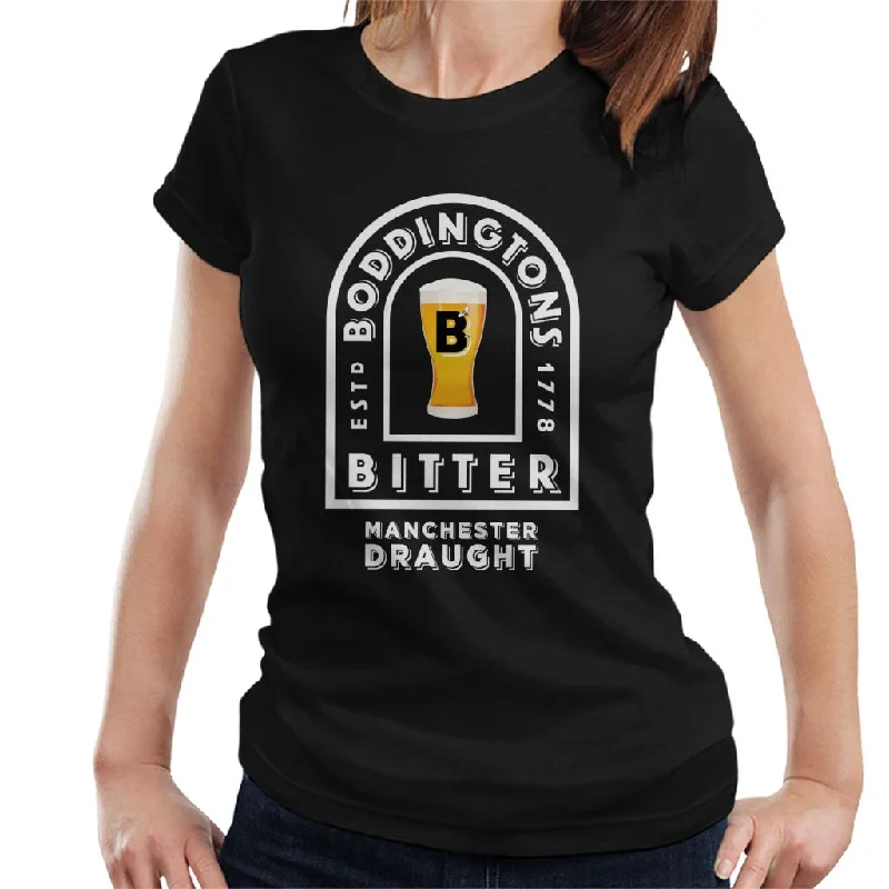 Boddingtons Bitter Manchester Draught Women's T-Shirt Beaded Sequined Faux Fur