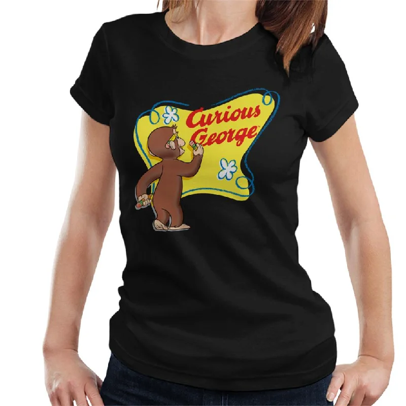 Curious George Writing His Name Women's T-Shirt Collared Crew Neck Turtle Neck