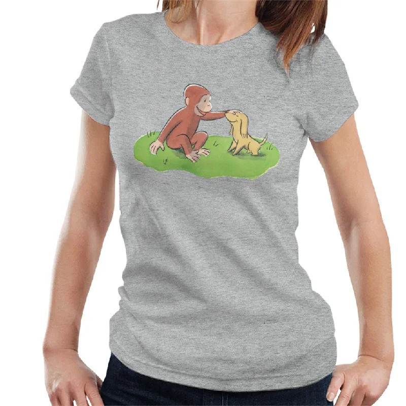 Curious George Stroking Dog Women's T-Shirt Collared T-Shirt Boat Neck A-Line
