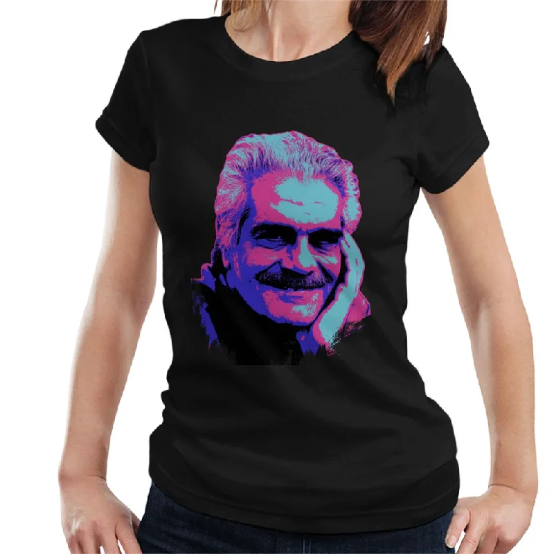TV Times Actor Omar Sharif 1988 Pop Art Stylised Women's T-Shirt Embroidered Appliqued Beaded TV Times Actor Omar Sharif 1988 Pop Art Stylised Women's T-Shirt Embroidered Appliqued Beaded