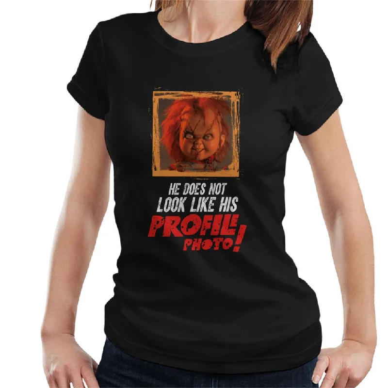 Chucky He Does Not Look Like His Profile Photo Women's T-Shirt Hooded Caped Shawl Collar Chucky He Does Not Look Like His Profile Photo Women's T-Shirt Hooded Caped Shawl Collar
