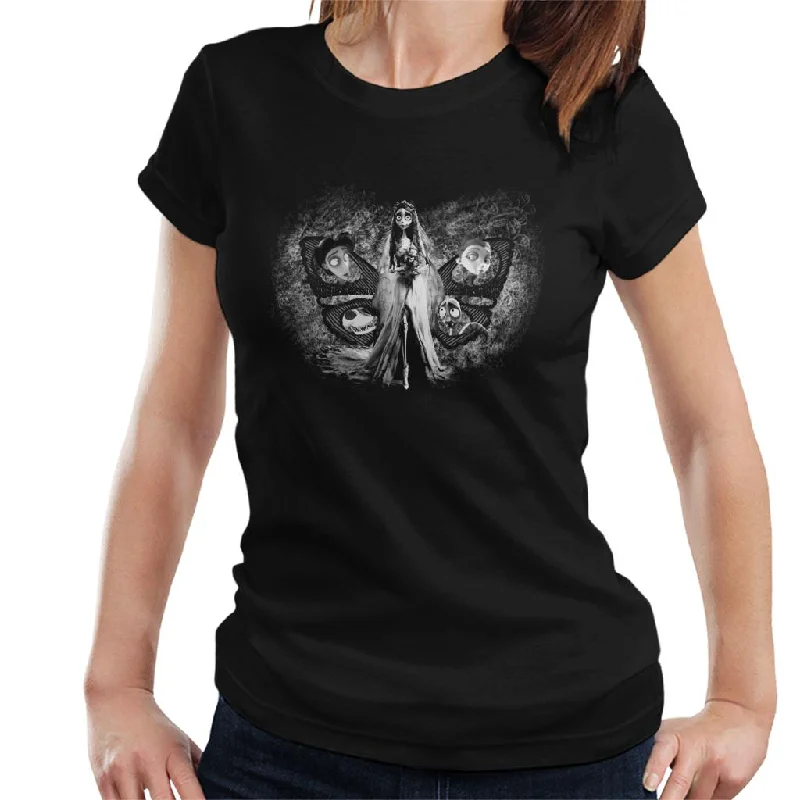 Corpse Bride Character Heads In Butterfly Wings Women's T-Shirt Ribbed Striped Patterned Corpse Bride Character Heads In Butterfly Wings Women's T-Shirt Ribbed Striped Patterned