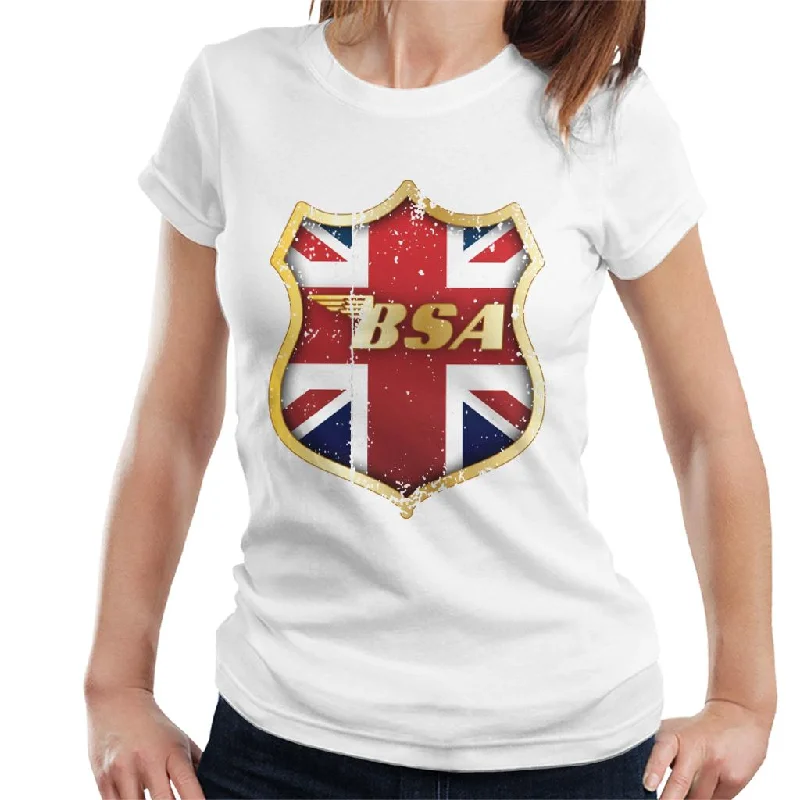 BSA Golden Logo Union Jack Badge Women's T-Shirt Welt Pockets Slit Pockets