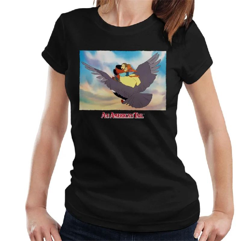 An American Tail Fieval And Tanya Flying On Henri Le Pigeon Women's T-Shirt Notch Collar Peter Pan Collar Cowl Neck An American Tail Fieval And Tanya Flying On Henri Le Pigeon Women's T-Shirt Notch Collar Peter Pan Collar Cowl Neck