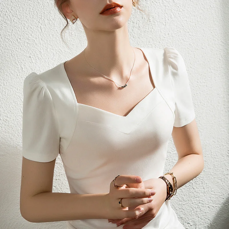 Wjczt French Solid Color Bubble Sleeve T-Shirt women's short sleeve slim V-neck pure cotton white top summer new Print Jacquard Patchwork Wjczt French Solid Color Bubble Sleeve T-Shirt women's short sleeve slim V-neck pure cotton white top summer new Print Jacquard Patchwork