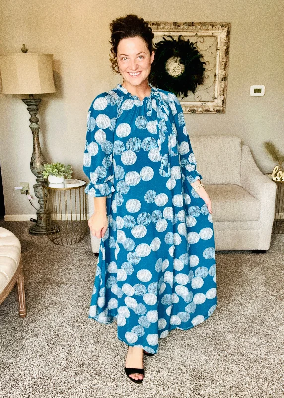 Power On The Day Dress- Teal & Dot Tunics Silk luxurious