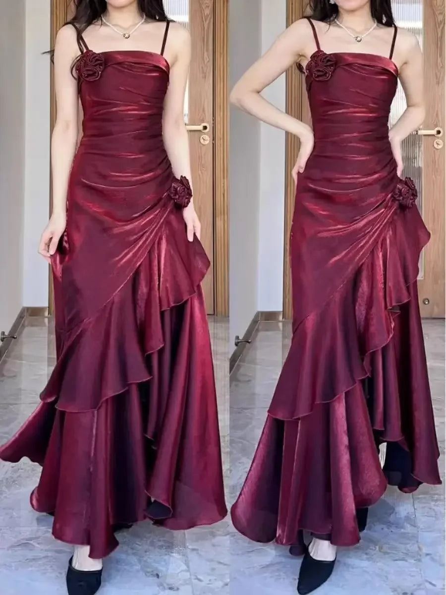 Advbridge Custom Sexy Wine Red Spaghetti Strap Satin Prom Gowns Tiered 3D Flowers Sleeveless Party Dress Women vestidos de festa Tunics Versatile functional Advbridge Custom Sexy Wine Red Spaghetti Strap Satin Prom Gowns Tiered 3D Flowers Sleeveless Party Dress Women vestidos de festa Tunics Versatile functional