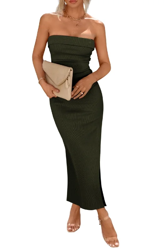 PRETTYGARDEN Women's Summer Bodycon Maxi Tube Dress Ribbed Strapless Side Slit Long Going Out Casual Elegant Party Dresses (Army Green,Small) Tunics Office stylish PRETTYGARDEN Women's Summer Bodycon Maxi Tube Dress Ribbed Strapless Side Slit Long Going Out Casual Elegant Party Dresses (Army Green,Small) Tunics Office stylish
