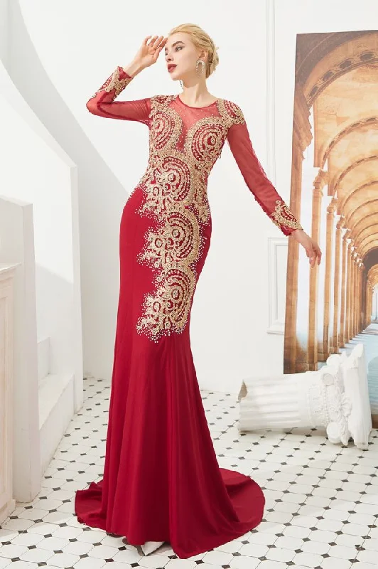 Slim Long Sleeves Gold Appliques Mermaid Evening Gowns Floor Length Event Party Dress Tunics Gym athletic Slim Long Sleeves Gold Appliques Mermaid Evening Gowns Floor Length Event Party Dress Tunics Gym athletic