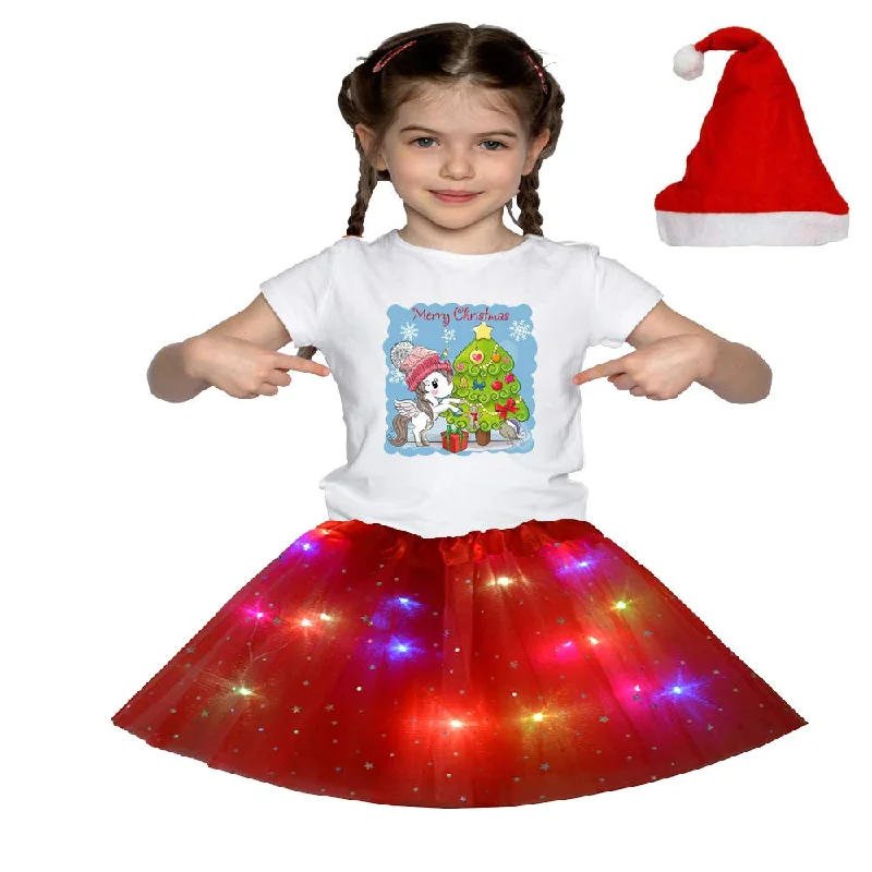 Christmas T_Shirt and Tutu Led Skirt with X-Mas Santa Cap Christmas Party Dress for Girls Tunics Prom sequined Christmas T_Shirt and Tutu Led Skirt with X-Mas Santa Cap Christmas Party Dress for Girls Tunics Prom sequined