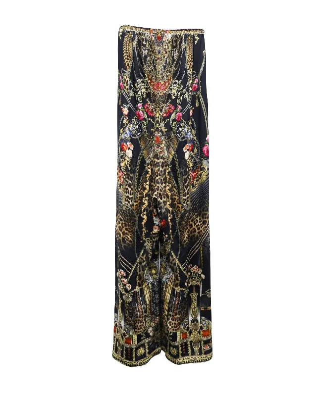 Camilla Floral and Leopard Printed Wide Leg Pants in Multicolor Silk Relaxed Linen Pants