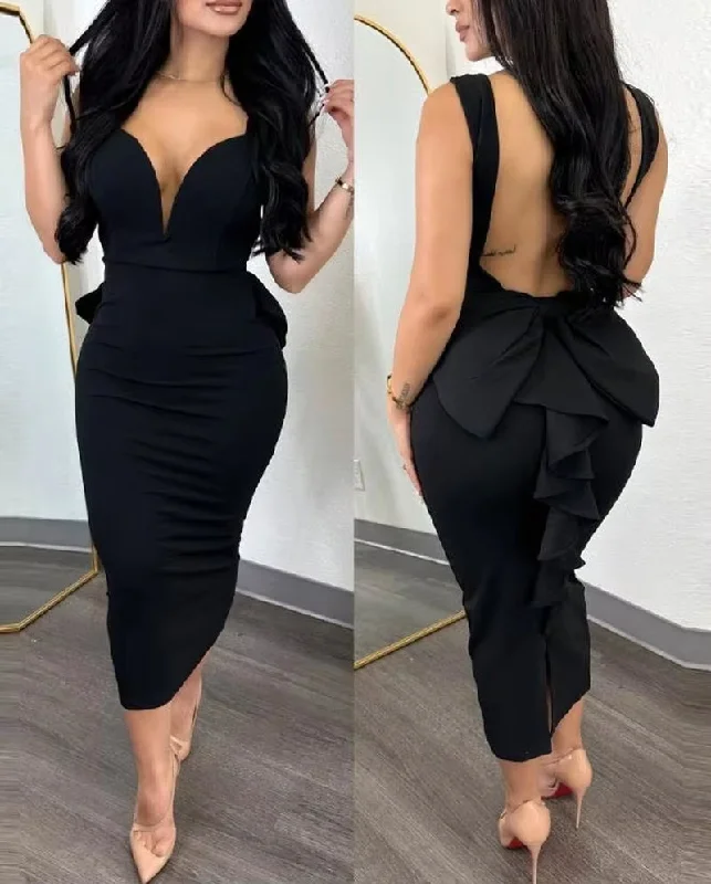 Elegant Dresses for Women Sexy Plunge Ruffle Hem Backless Party Dress 2023 Autumn Summer Spring Fashion Casual Square Neckline Feminine Elegant Dresses for Women Sexy Plunge Ruffle Hem Backless Party Dress 2023 Autumn Summer Spring Fashion Casual Square Neckline Feminine