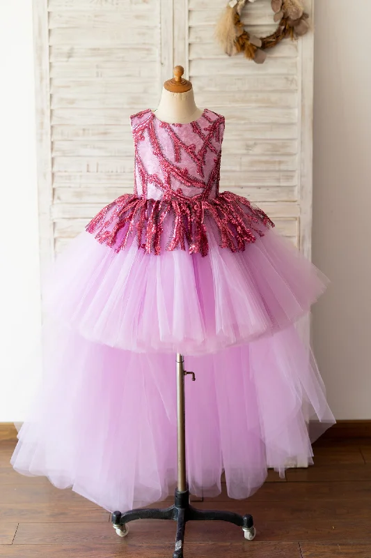 Fuchsia Sequin Tulle V Back Hi-Low Wedding Flower Girl Dress Kids Party Dress Tunics Bridal satin