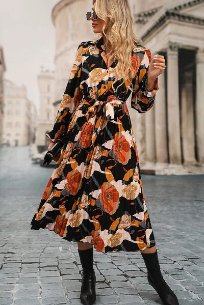 Printed Half Button Tie-Waist Pleated Dress Tunics Leisure comfortable