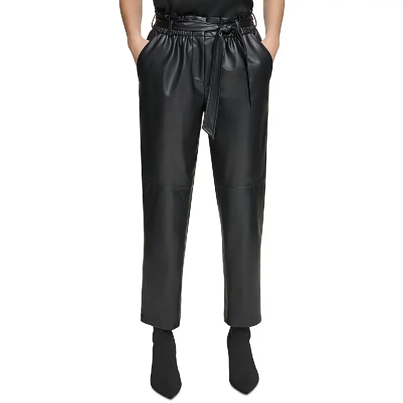 Womens High Rise Fuax Leather Ankle Pants Classic Flared Pants