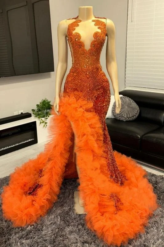 Sleeveless Orange Glitter Rinestones Mermaid Prom Dress Crew Neck Long Party Dress with Side Split Square Neckline Feminine Sleeveless Orange Glitter Rinestones Mermaid Prom Dress Crew Neck Long Party Dress with Side Split Square Neckline Feminine