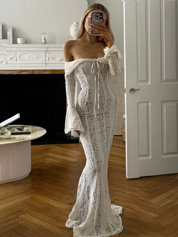 Advbridge Autumn Lace Off-Shoulder Long Dress For Women See-Through Printed Lace-Up High Waist Luxury Female Elegant Party Dress New Tunics Recommended stylist