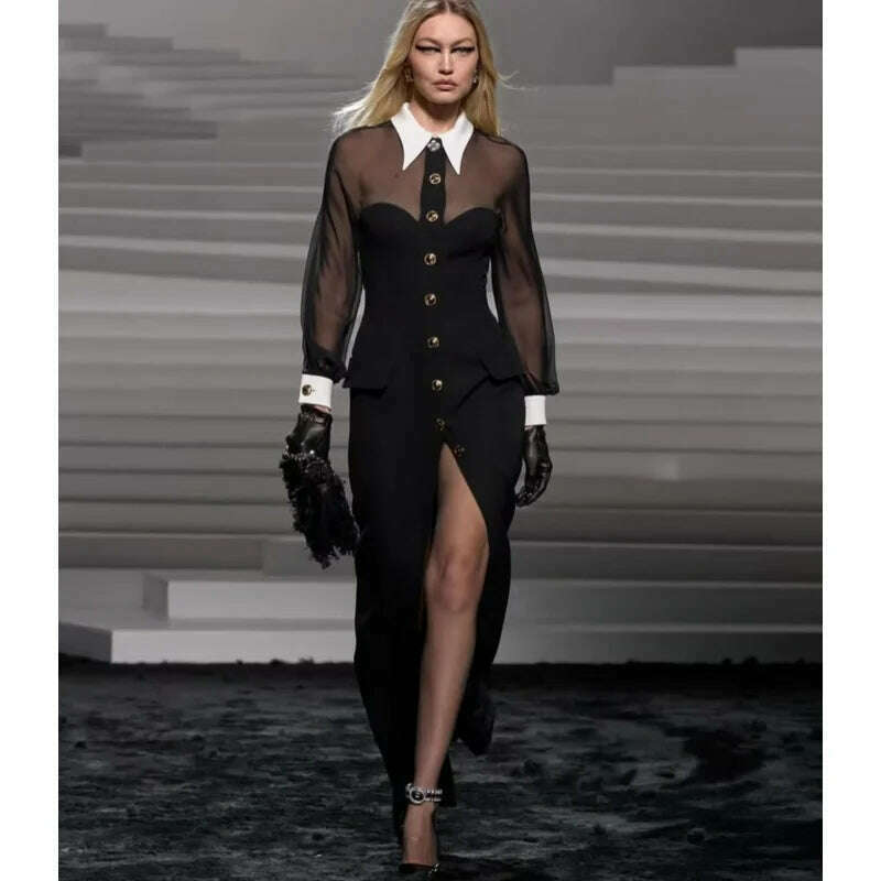 2024 New Golden Buttons White Collar Mesh Patchwork Bandage Long Dress Elegant Woman Evening Party Dress Fashion Party Outfit Off-the-shoulder Chic Trendy 2024 New Golden Buttons White Collar Mesh Patchwork Bandage Long Dress Elegant Woman Evening Party Dress Fashion Party Outfit Off-the-shoulder Chic Trendy
