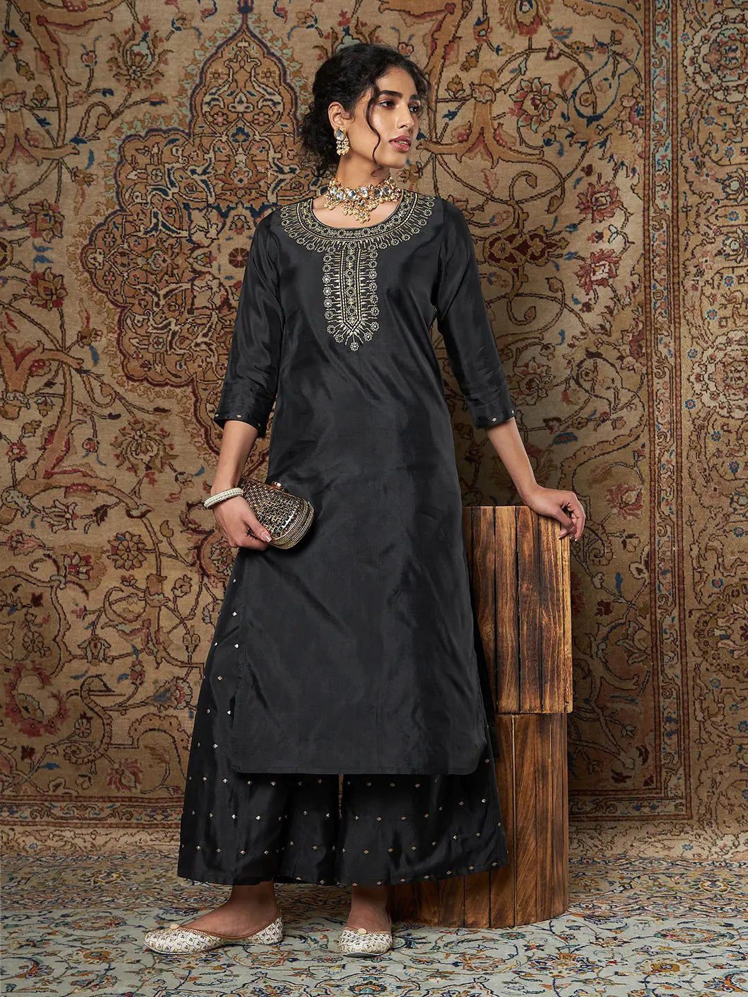 Women Black Zari Embroidered Kurta With Palazzo Pants Formal Stretch Pants