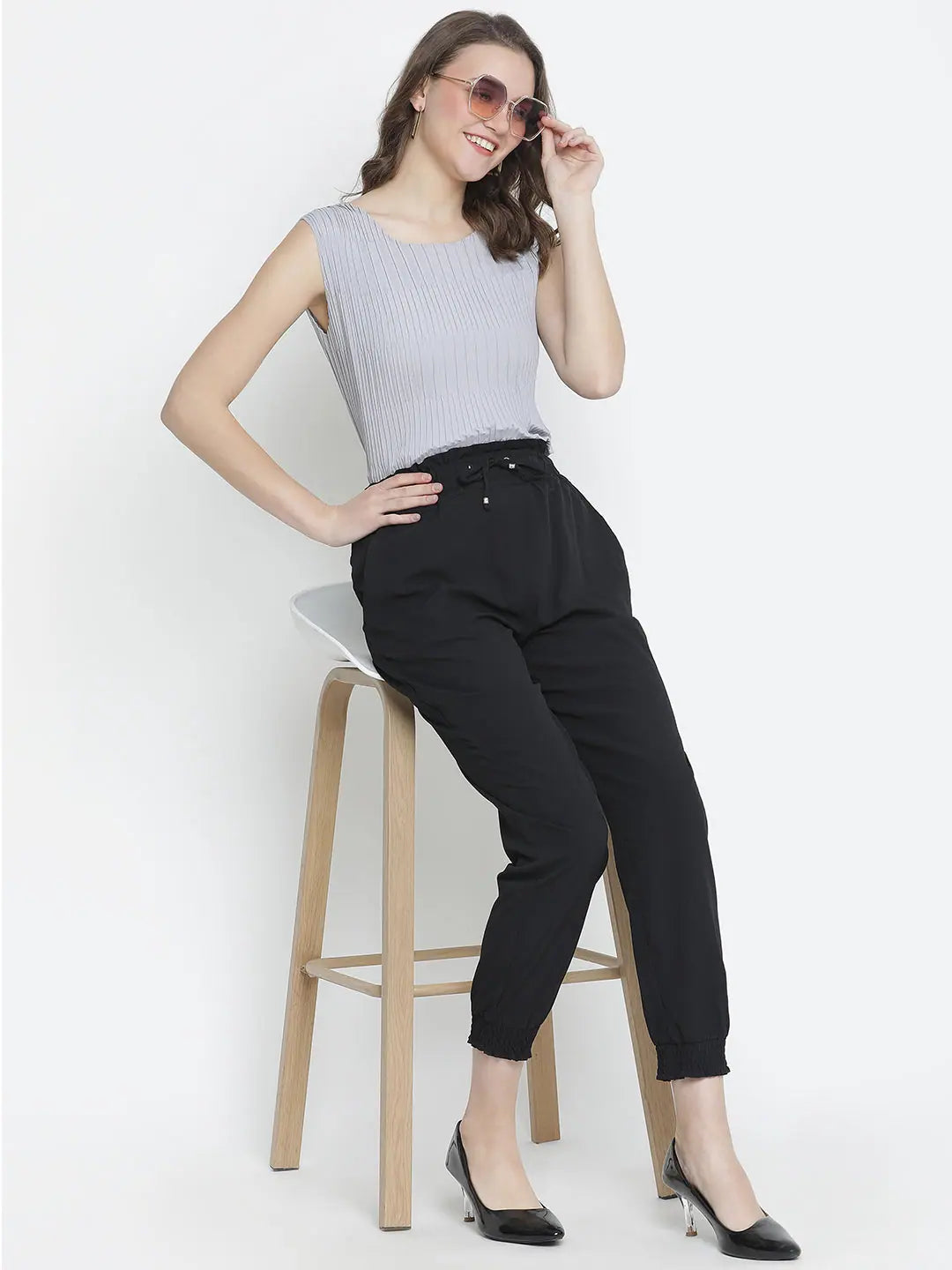 Black solid elsaticated women Tie-knot pant Classic Straight Pants