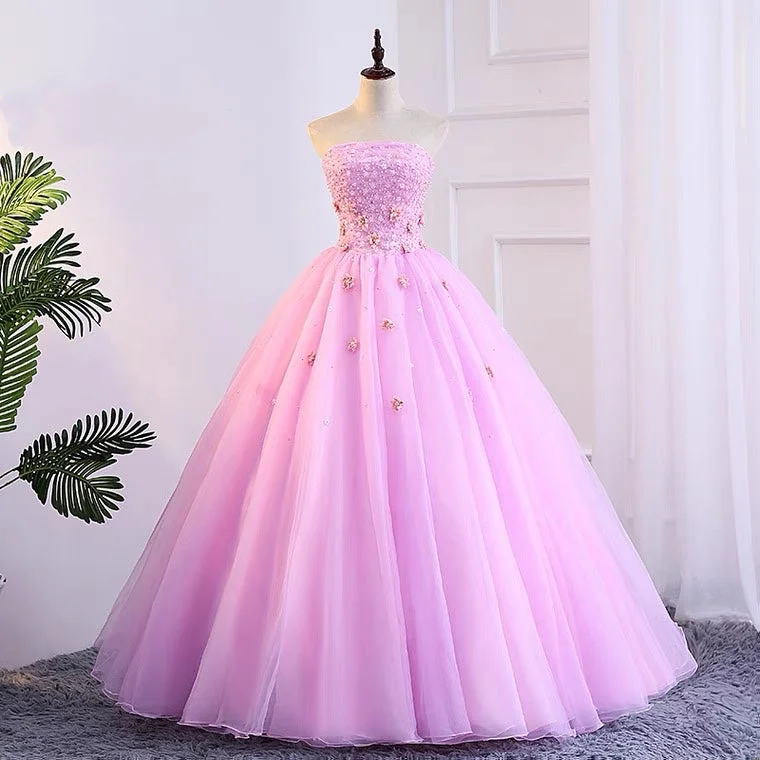 Strapless ball gown,applique floral prom dress,pink party dress,chic quinceanera dress Tunics Cozy comfortable