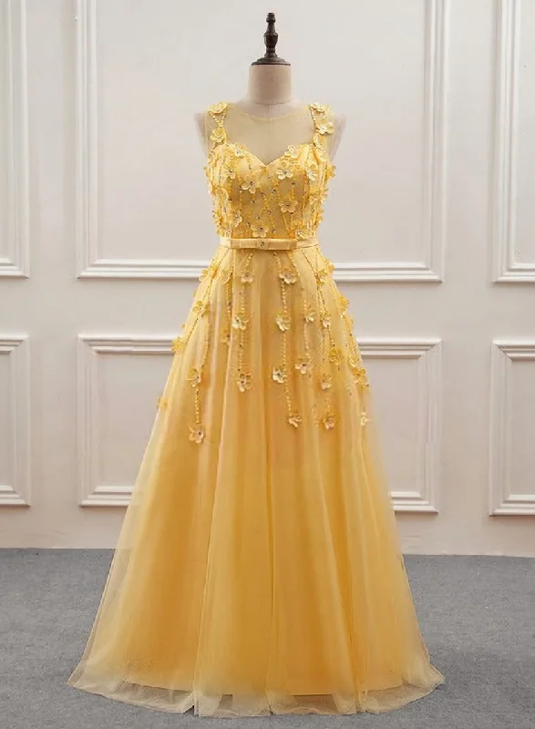 Yellow Flowers Tulle Long New Prom Dress, A-line Party Dress Off-the-shoulder Chic Trendy