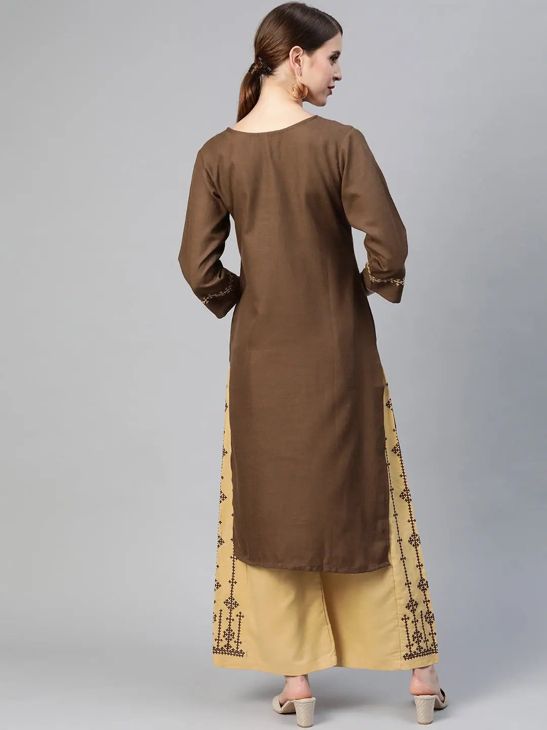Ahika Women Cotton Brown Embroidered Printed Straight Kurta Pant Set Classic Stretch Pants Ahika Women Cotton Brown Embroidered Printed Straight Kurta Pant Set Classic Stretch Pants