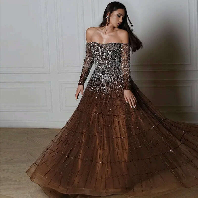 Sharon Said Luxury Dubai Brown Off Shoulder Evening Dresses Long Sleeve Elegant Arabic Women Wedding Party Dress Prom Gown SS022 Tunics Business professional Sharon Said Luxury Dubai Brown Off Shoulder Evening Dresses Long Sleeve Elegant Arabic Women Wedding Party Dress Prom Gown SS022 Tunics Business professional
