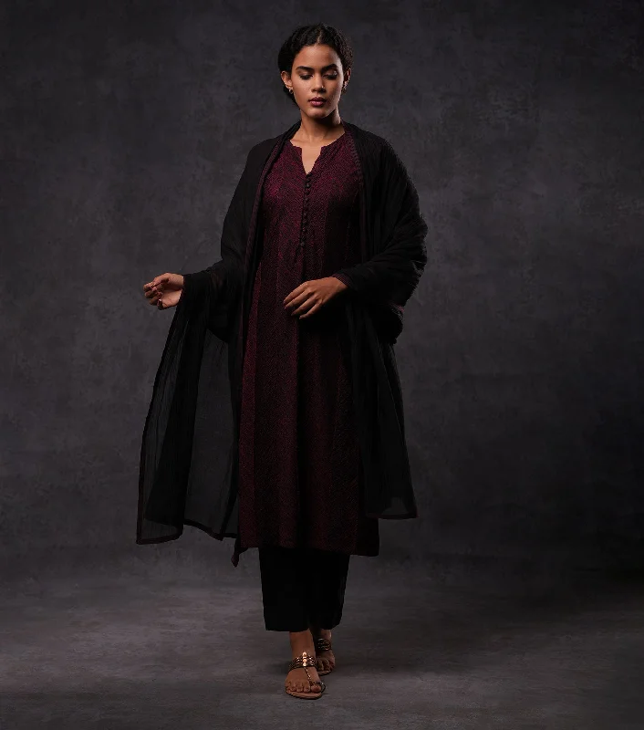 All Over Embroidered Cotton Silk Kurta Set with Dupatta & Pants High-Waist Trousers