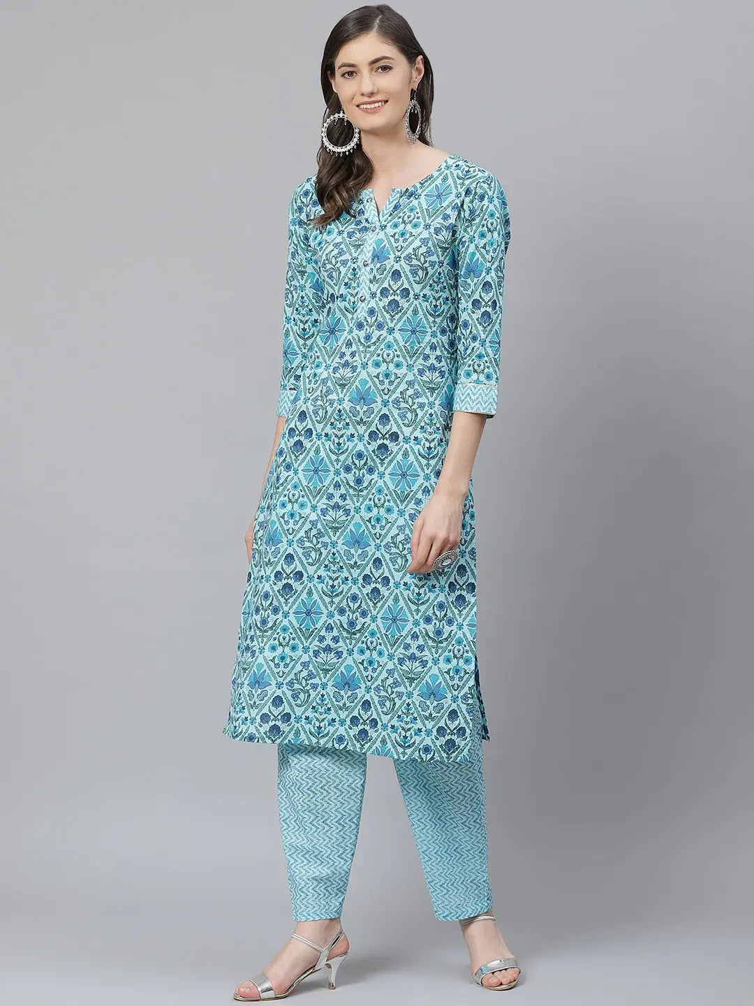 Ahika Women Cotton Turquoise Blue Ethnic Motifs Printed Straight Kurta Pant Set Modern Stretch Trousers