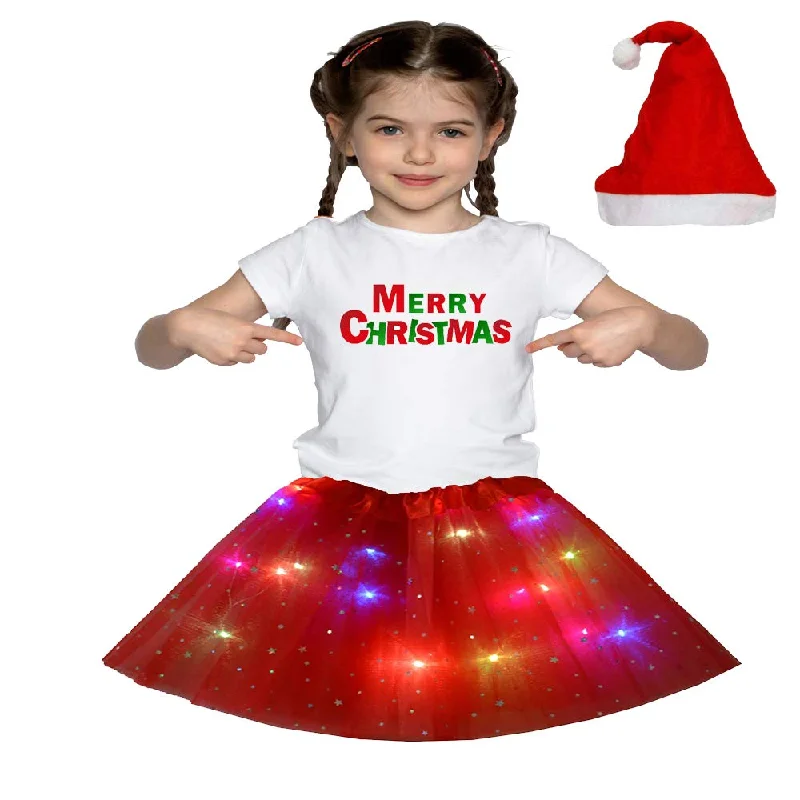 Christmas T_Shirt and Tutu Led Skirt with X-Mas Santa Cap Christmas Party Dress for Girls Tunics Bridal satin Christmas T_Shirt and Tutu Led Skirt with X-Mas Santa Cap Christmas Party Dress for Girls Tunics Bridal satin