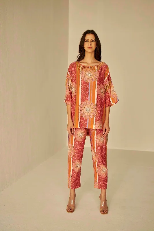 Rust- Boat Neck Bukhara Printed Top And Pants Set Elegant Wool Trousers