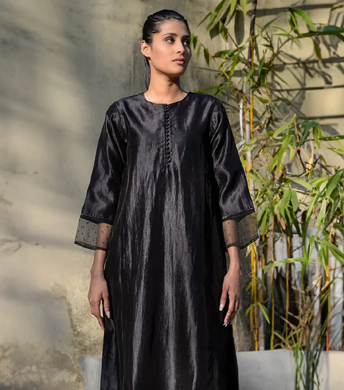 Black Silk Kurta with Pants Elegant Palazzo Trousers