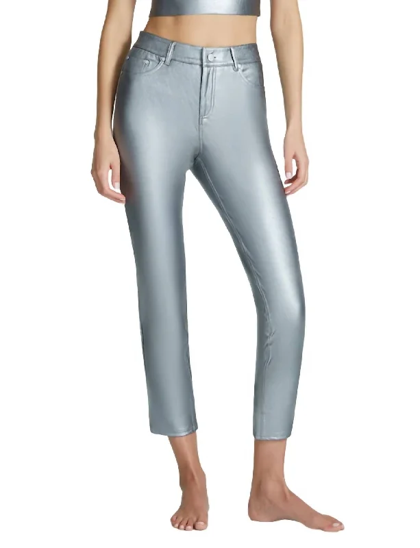 Faux Leather Five Pocket Pant In Platinum Soft Sweatpants Style
