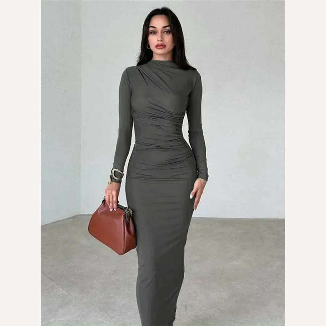 2023 Autumn Women's O-neck High Waist Folds Long Dress Streetwear Winter Office Lady Solid Tunics Bodycon Evening Party Dresses Tunics Designer luxury 2023 Autumn Women's O-neck High Waist Folds Long Dress Streetwear Winter Office Lady Solid Tunics Bodycon Evening Party Dresses Tunics Designer luxury