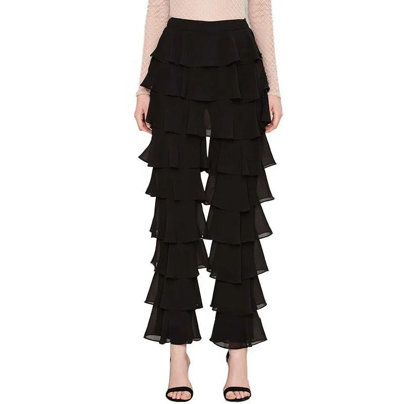 Women Fashion Casual Loose Solid Black Ruffle Straigh Vintage Elegant Mid-rise Long Flare Pants Soft Stretch Trousers Women Fashion Casual Loose Solid Black Ruffle Straigh Vintage Elegant Mid-rise Long Flare Pants Soft Stretch Trousers