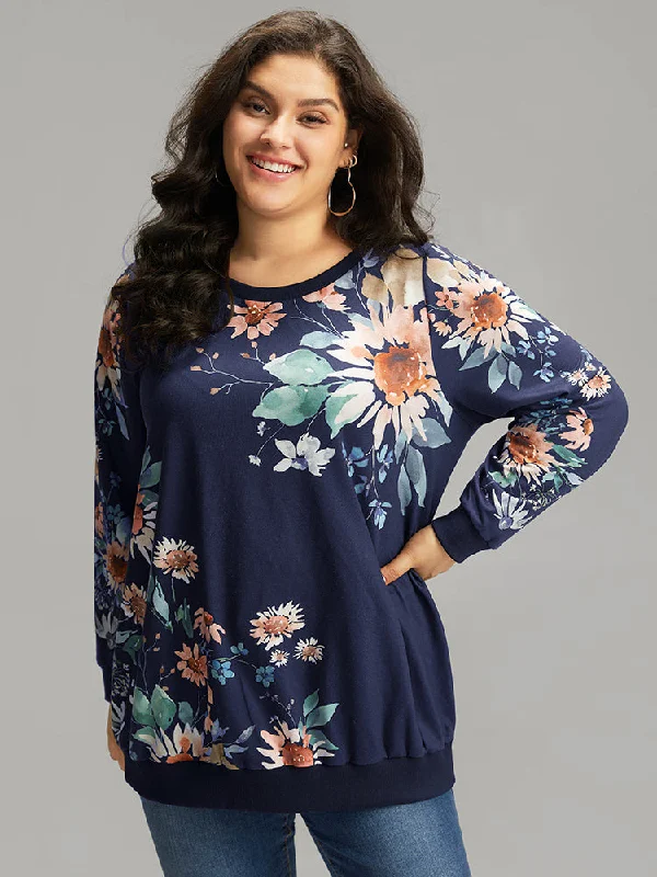 Floral Print Round Neck Sweatshirt Hoodie with Hidden Zipper Minimalist Clean