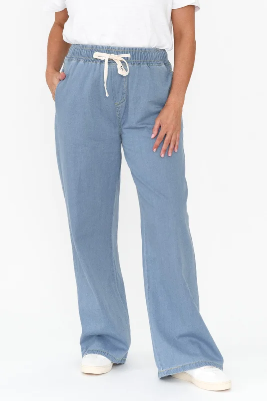 Caden Blue Chambray Cotton Tie Pants Trendy Work Pants