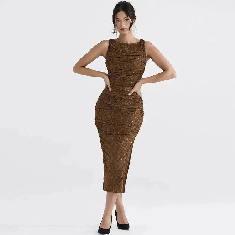 Tight Side Slit Pleated Party Party Dress Women A-Line Day Work