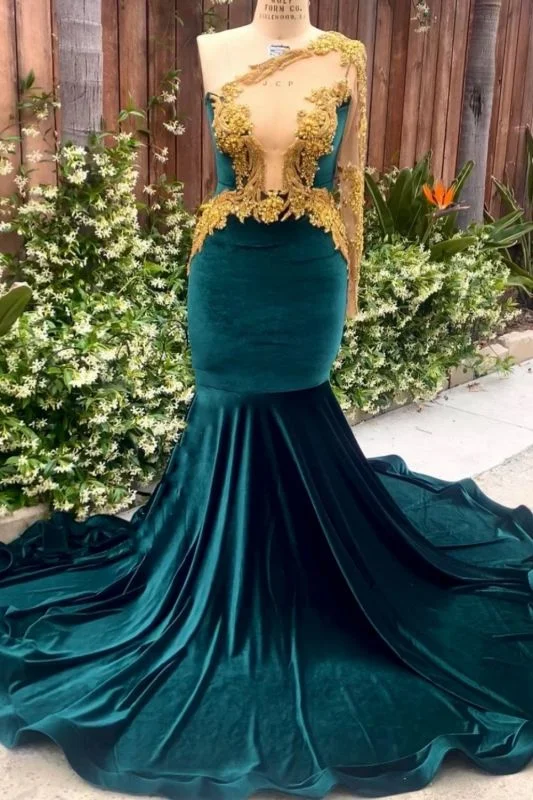 Stunning One Shoulder Dark Green Mermaid Prom Dress 3D Gold Embellishment Bodycon Party Dress Tunics Fleece cozy Stunning One Shoulder Dark Green Mermaid Prom Dress 3D Gold Embellishment Bodycon Party Dress Tunics Fleece cozy