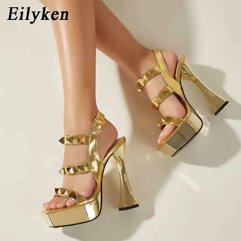 Eilyken Fashion Gold Rivet Open Toe Ankle Buckle Strap Platform High Heels Women Sandals Ladies Nightclub Party Dress Shoes Tunics Gym athletic Eilyken Fashion Gold Rivet Open Toe Ankle Buckle Strap Platform High Heels Women Sandals Ladies Nightclub Party Dress Shoes Tunics Gym athletic