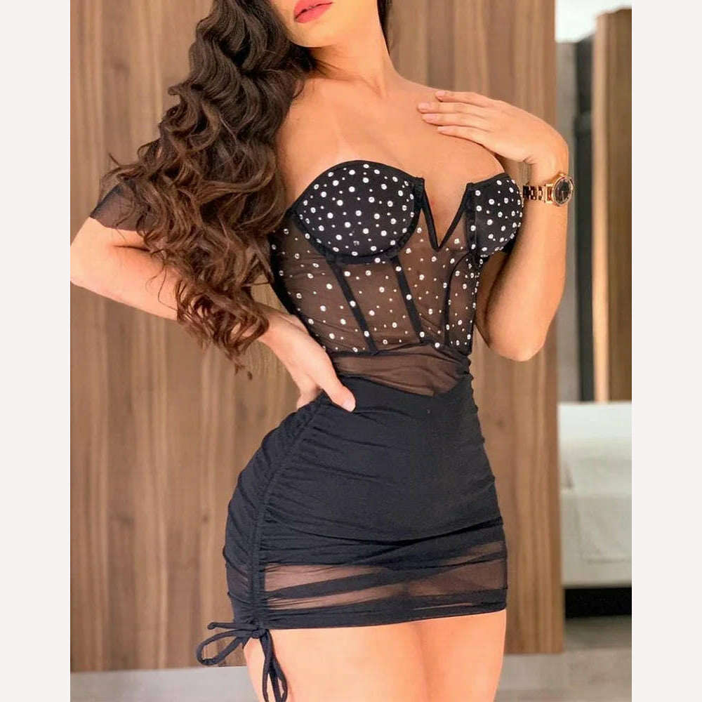 Summer Women Sexy Strapless Off Shoulder Rhinestone Mesh Patchwork Bodycon Mini Party Dresses Boat Neckline Classic Summer Women Sexy Strapless Off Shoulder Rhinestone Mesh Patchwork Bodycon Mini Party Dresses Boat Neckline Classic