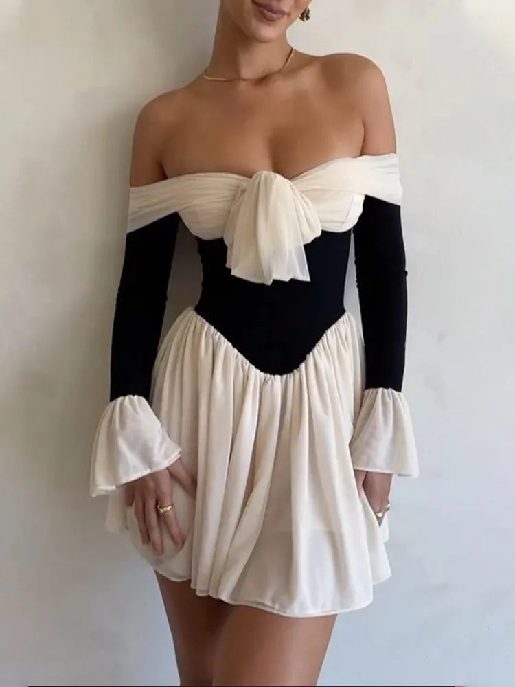Advbridge Elegant Strapless Backless Sexy Mini Dress For Women New Off-shoulder Long Flare Sleeve Pleated Club Party Dress Crew Neckline Sporty