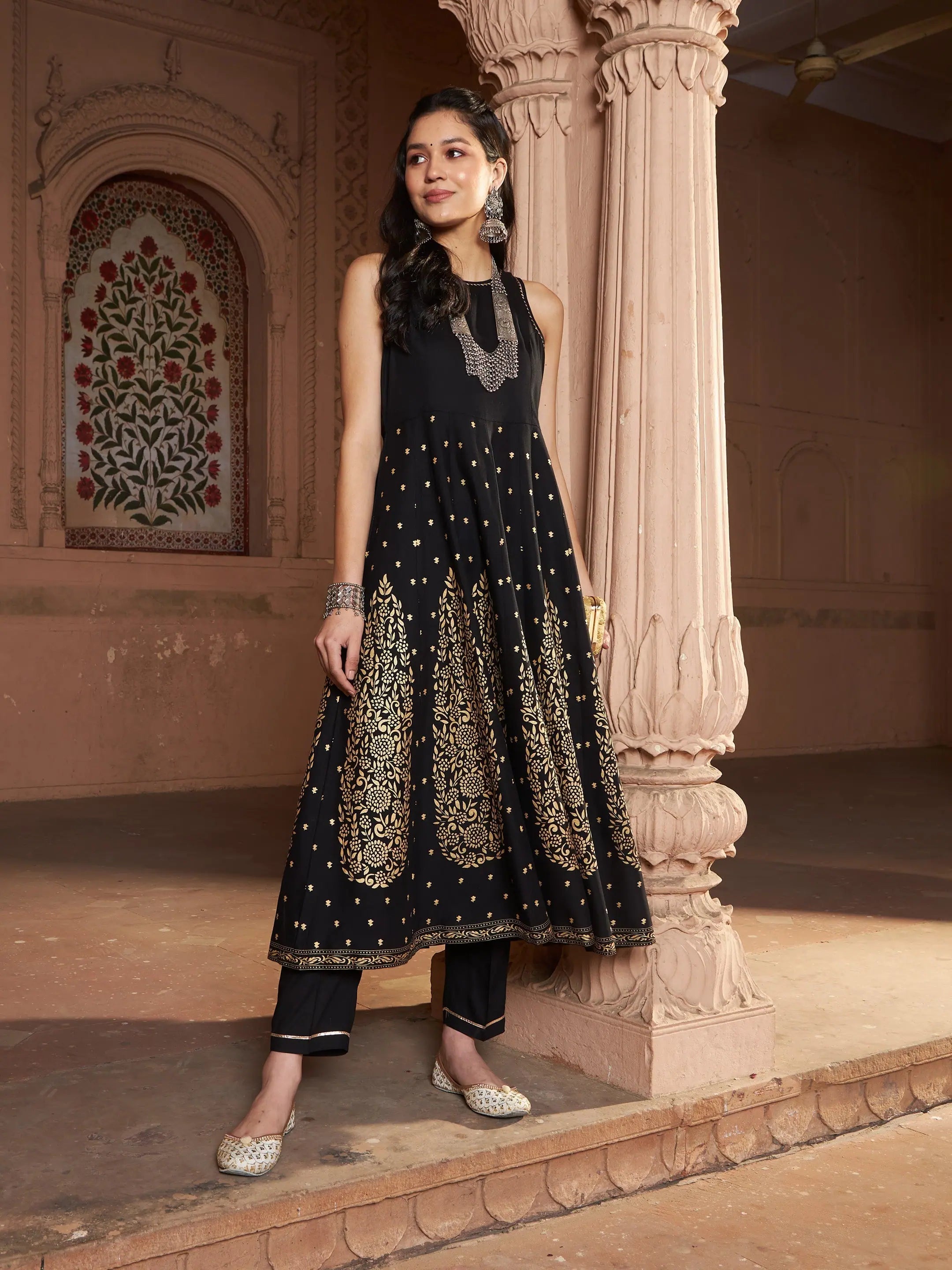 Women Black Kali Foil Sleeveless Anarkali Kurta With Pants Elegant Wool Trousers