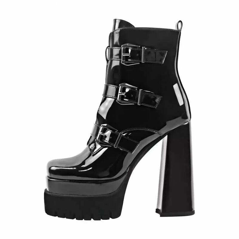 Onlymaker Black Square Toe Booties Double Platform Strap Buckle Side Zip Patent Leather Fashion Party Dress Ankle Boots Tunics Modern contemporary Onlymaker Black Square Toe Booties Double Platform Strap Buckle Side Zip Patent Leather Fashion Party Dress Ankle Boots Tunics Modern contemporary