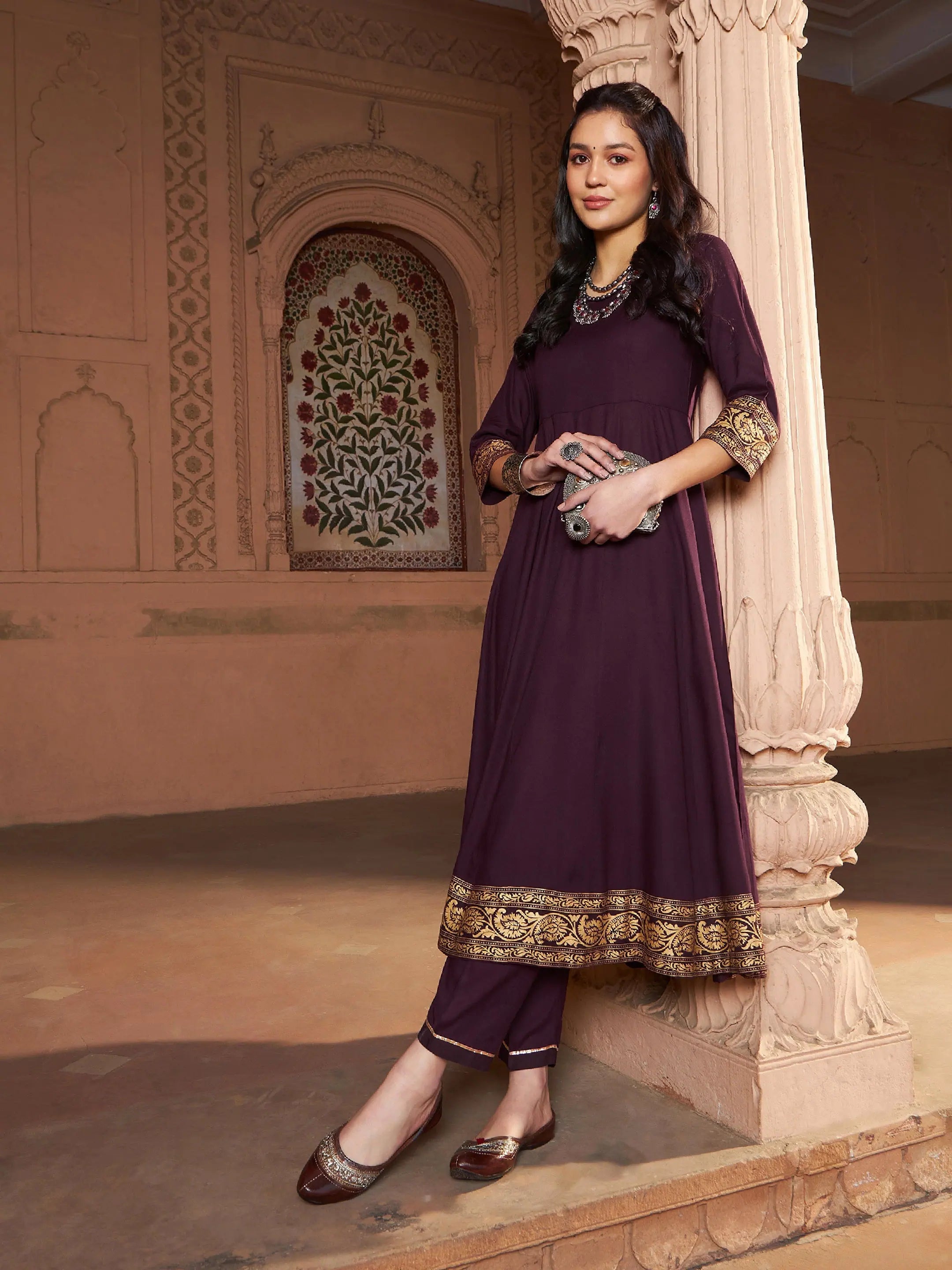 Women Burgundy Floral Foil Border Anarkali Kurta With Pants Chic Black Leggings