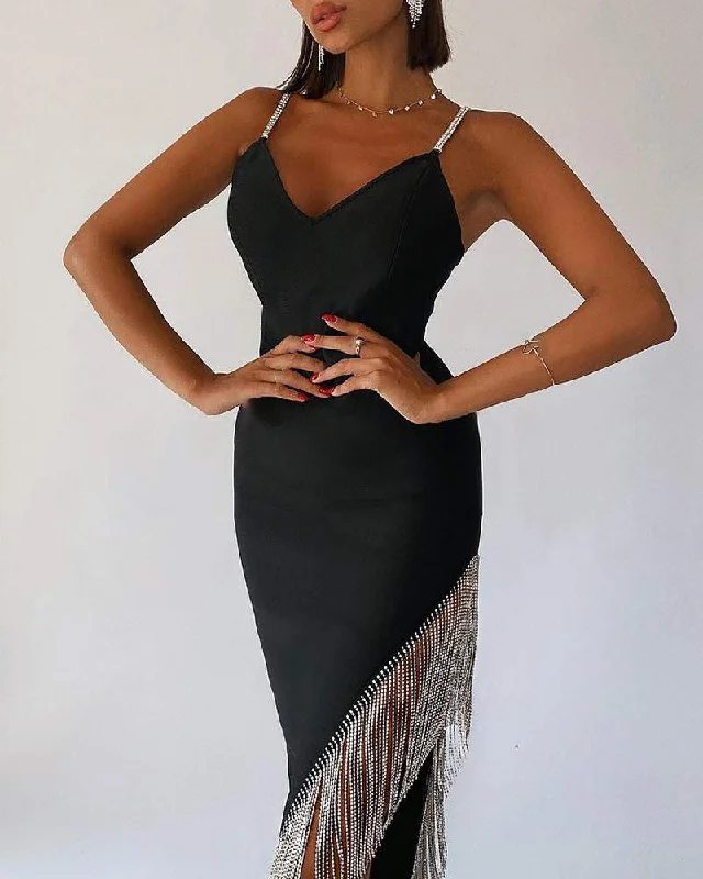 NEW Rhinestone Tassel Design Asymmetrical Party Dress Tunics Chic elegant